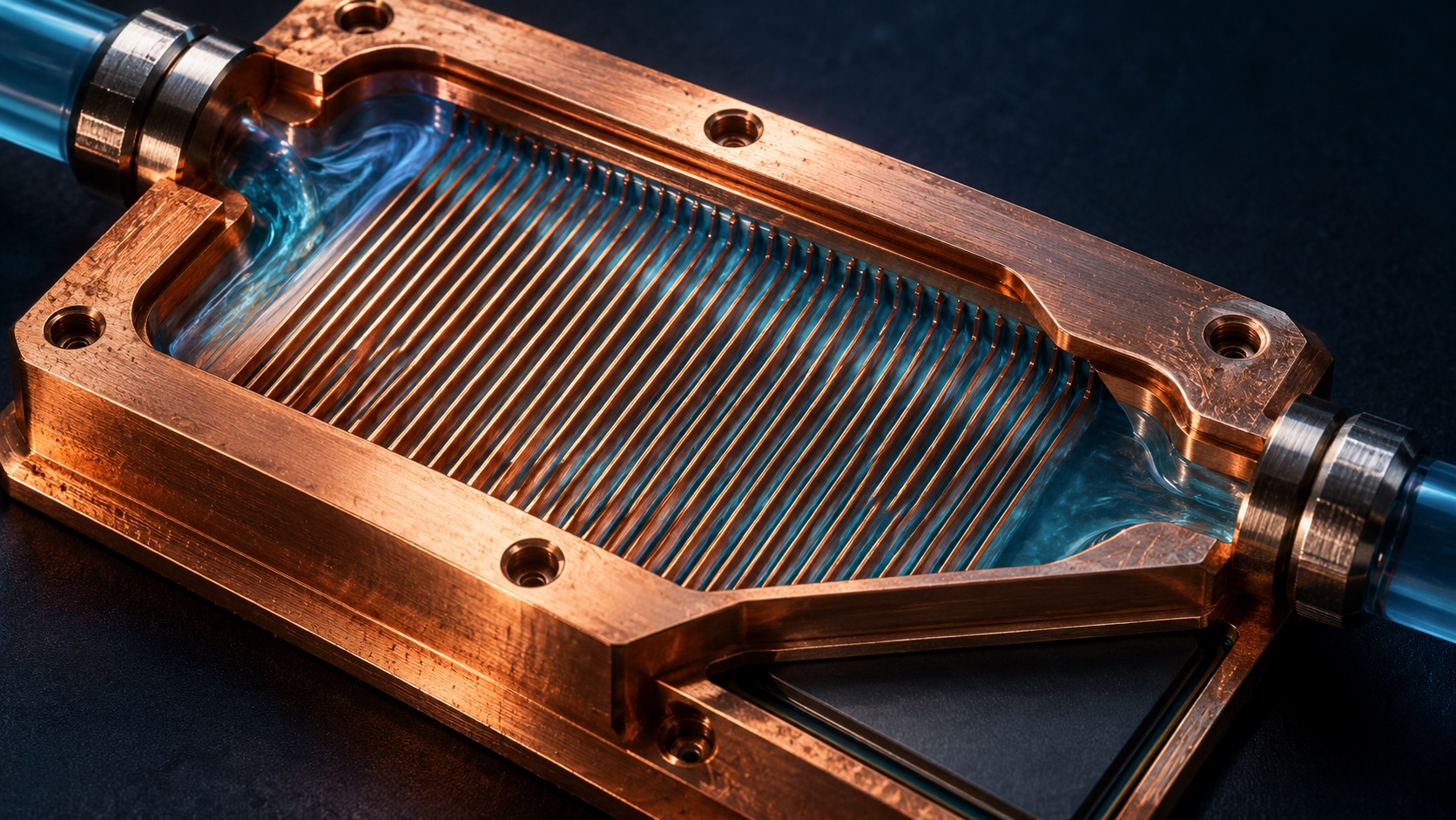 AI-generated scientific illustration of a liquid-cooled cold plate and microchannels